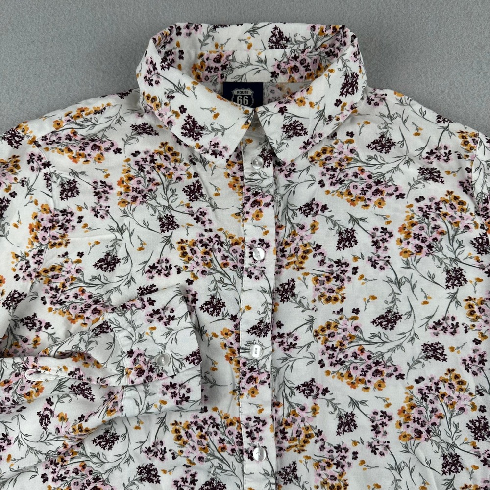 Route 66 Button Front Shirt Womens M White Floral Long Sleeve Rayon Collared
